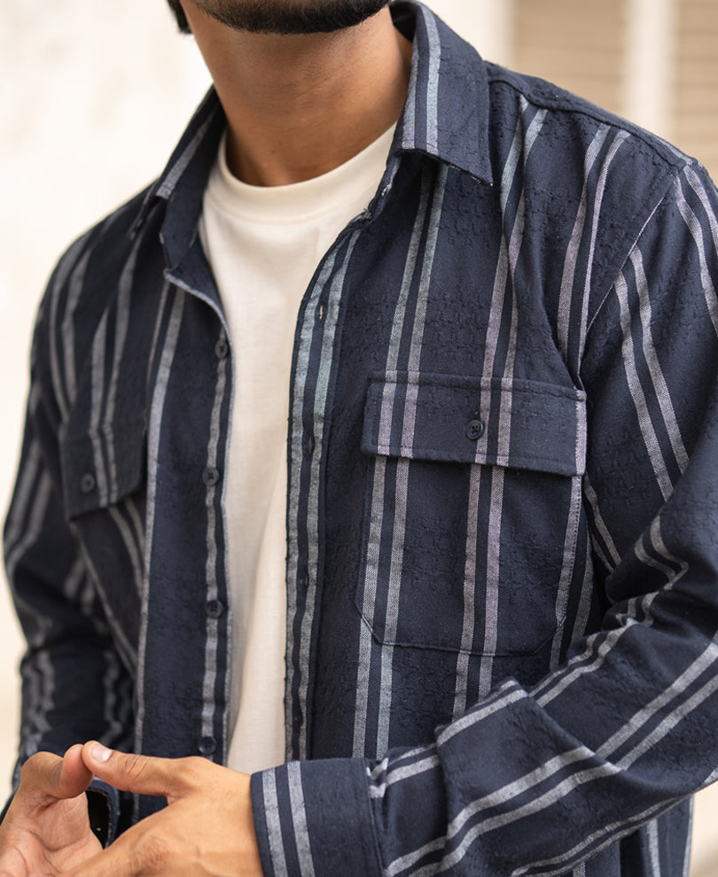 Navy Blue Striped Regular Fit Full Sleeves Shirt.