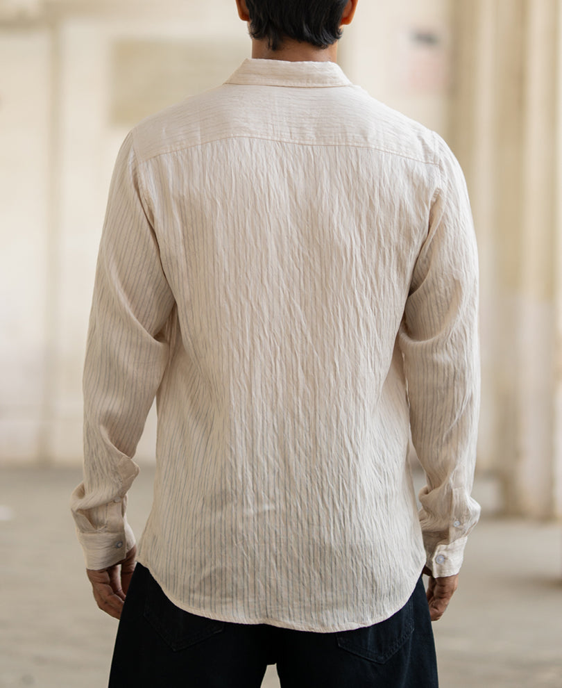 Cream Structured Regular Fit Full Sleeves Shirt.