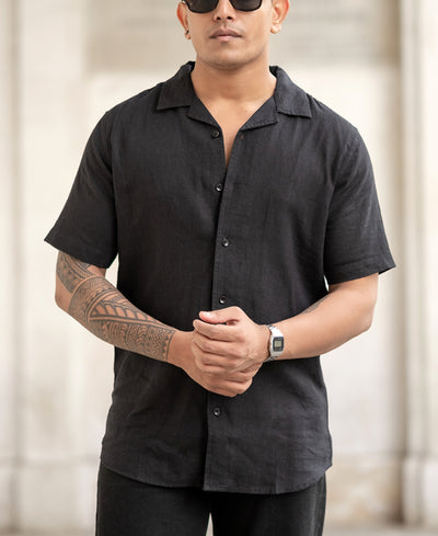 Black Linen Regular Fit Half Sleeves Shirt