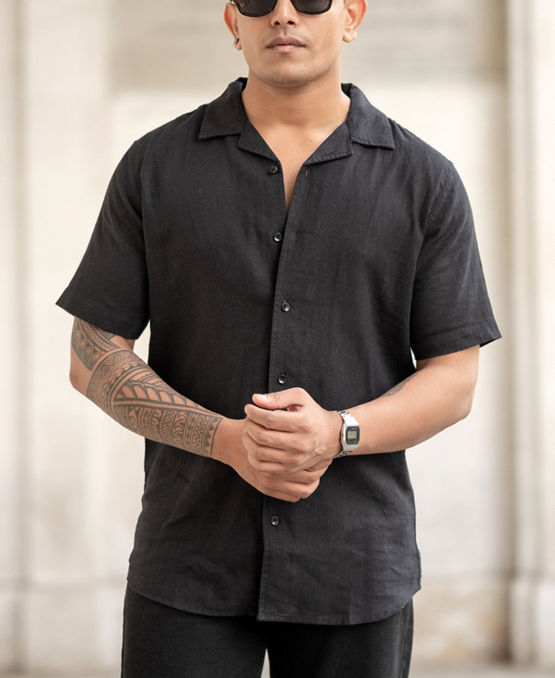 Black Linen Regular Fit Half Sleeves Shirt
