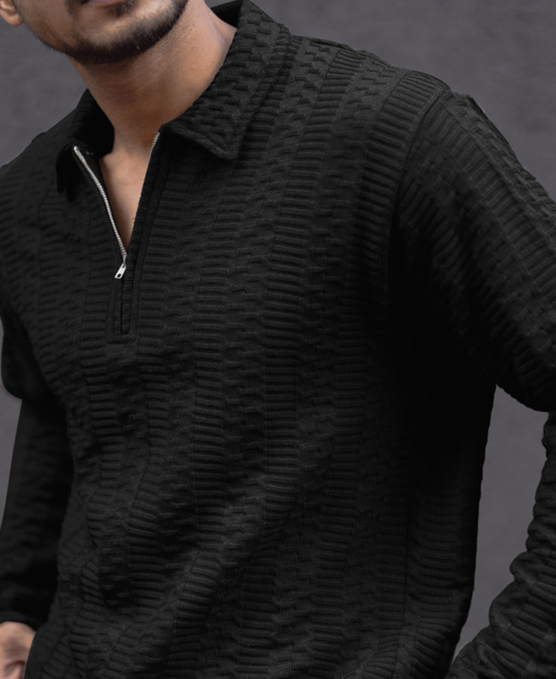 Black Collar Neck Regular Fit Full Sleeves T-Shirt