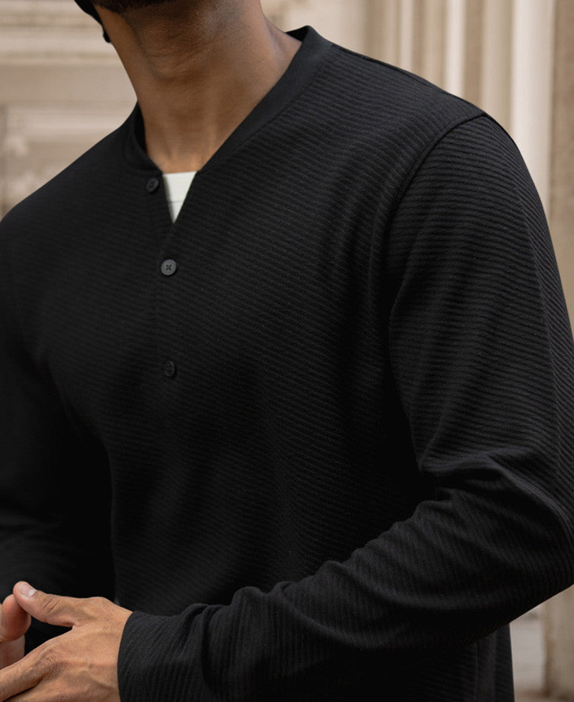 Black Structured Regular Fit Full Sleeves T-Shirt