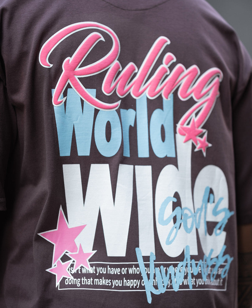 Coffee Brown World Wide Print Oversized Half Sleeves T-Shirt