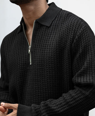 Black Knit Regular Fit Full Sleeves Tshirt