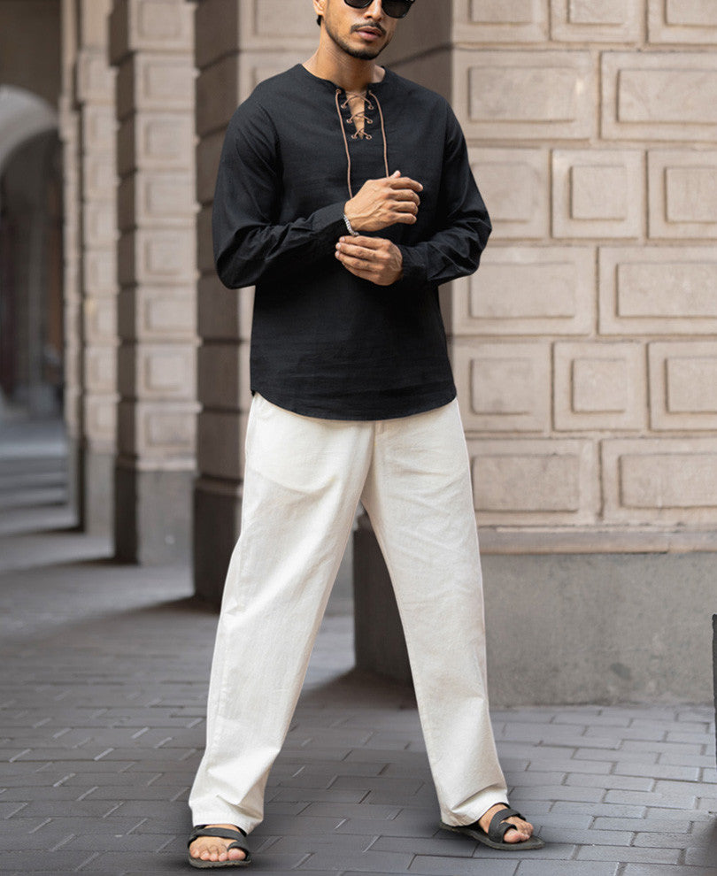 Black Regular Fit Kurta Style Full Sleeves Shirt