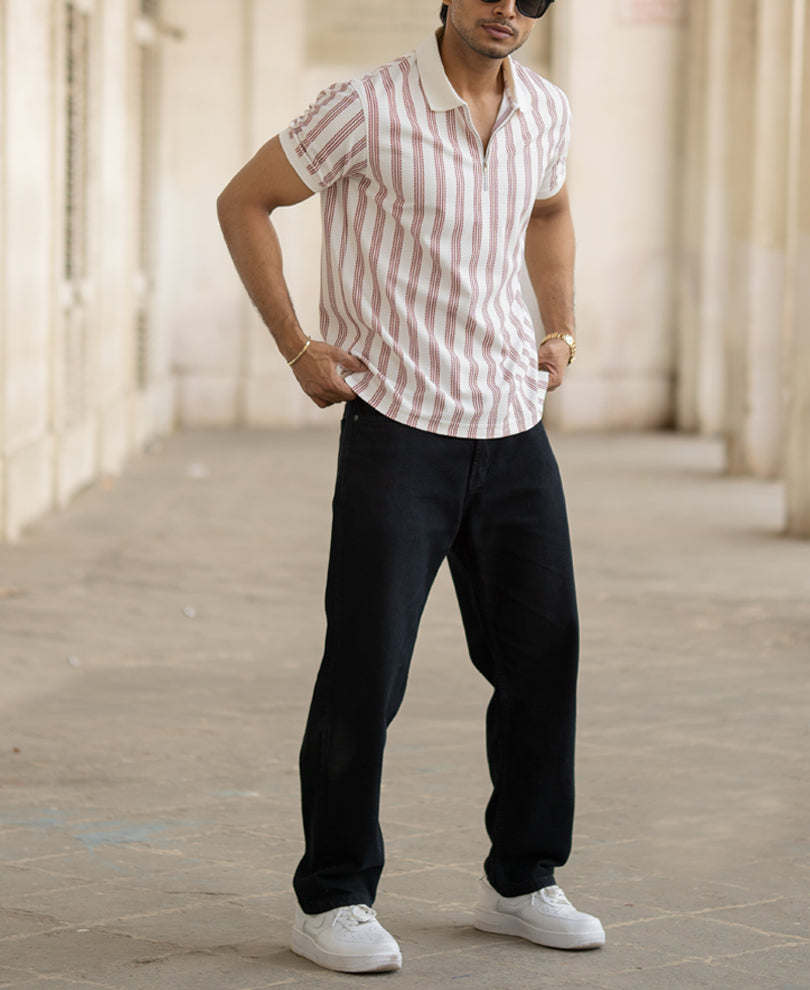 Off-White And Maroon Stripe Regular Fit Half Sleeves T-Shirt