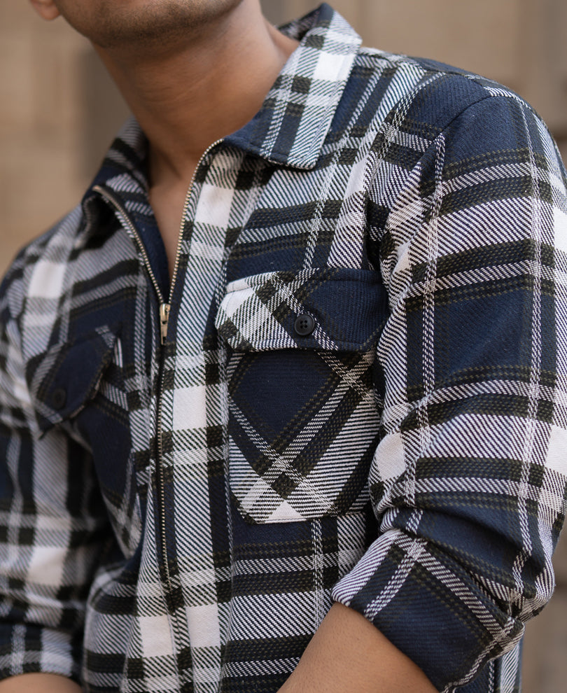 Navy Checks Zipper Shirt