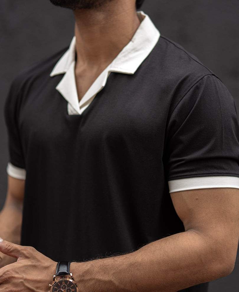 Black Cuban Collar Regular Fit Half Sleeves T-Shirt