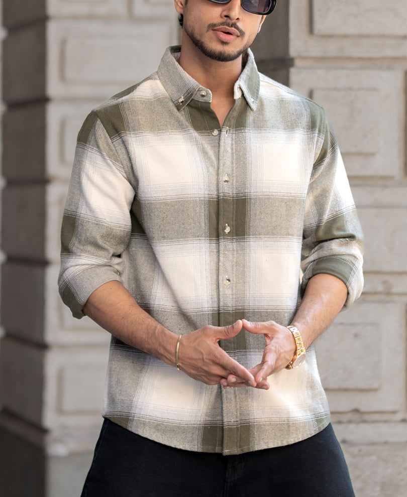 Olive And Off-White Regular Fit Full Sleeves Shirt