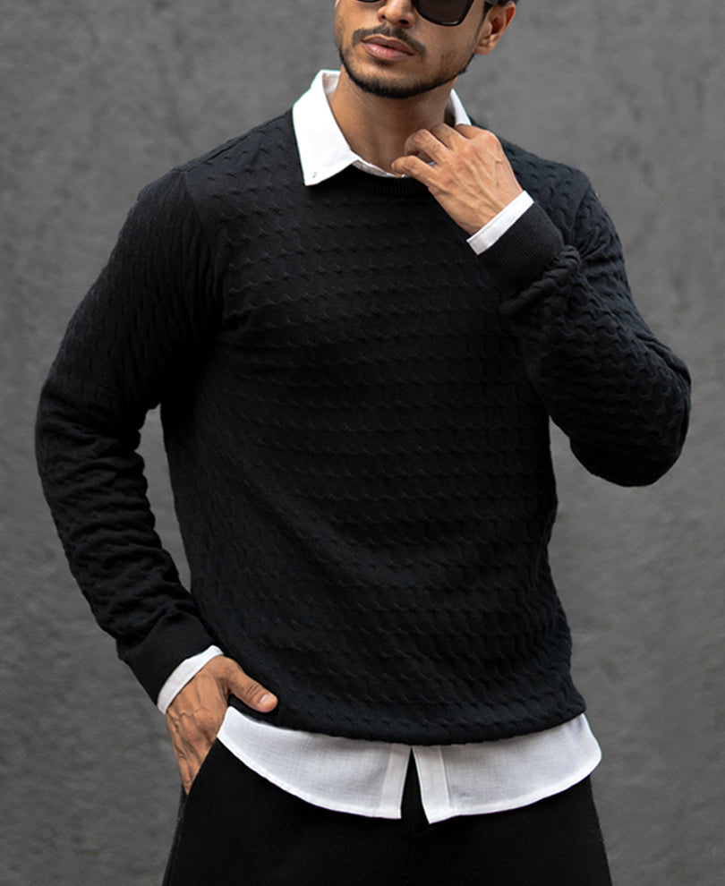 Black Structured Regular Fit Full Sleeves T-Shirt