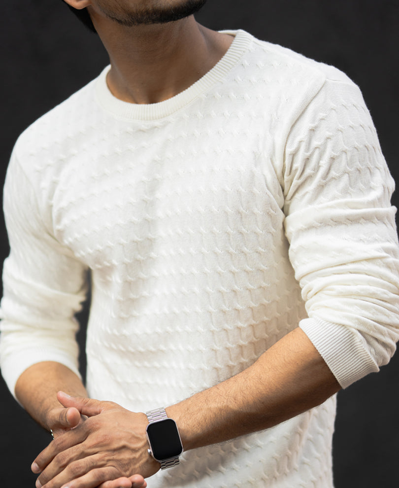 White Flat Knit Regular Fit Full Sleeves T-Shirt