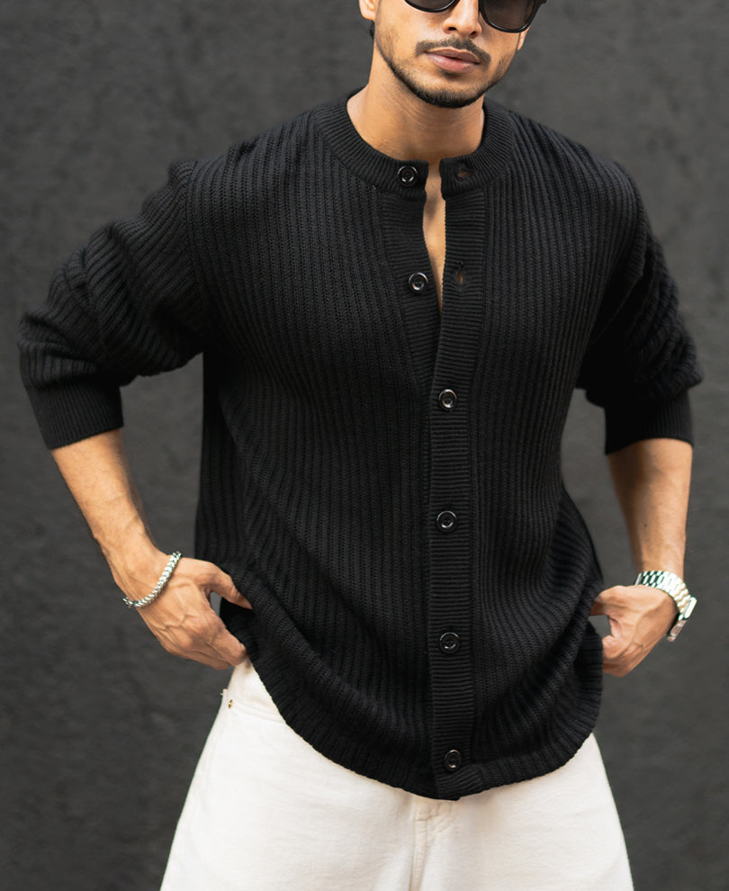 Black Regular Fit Full Sleeves Sweater Jacket
