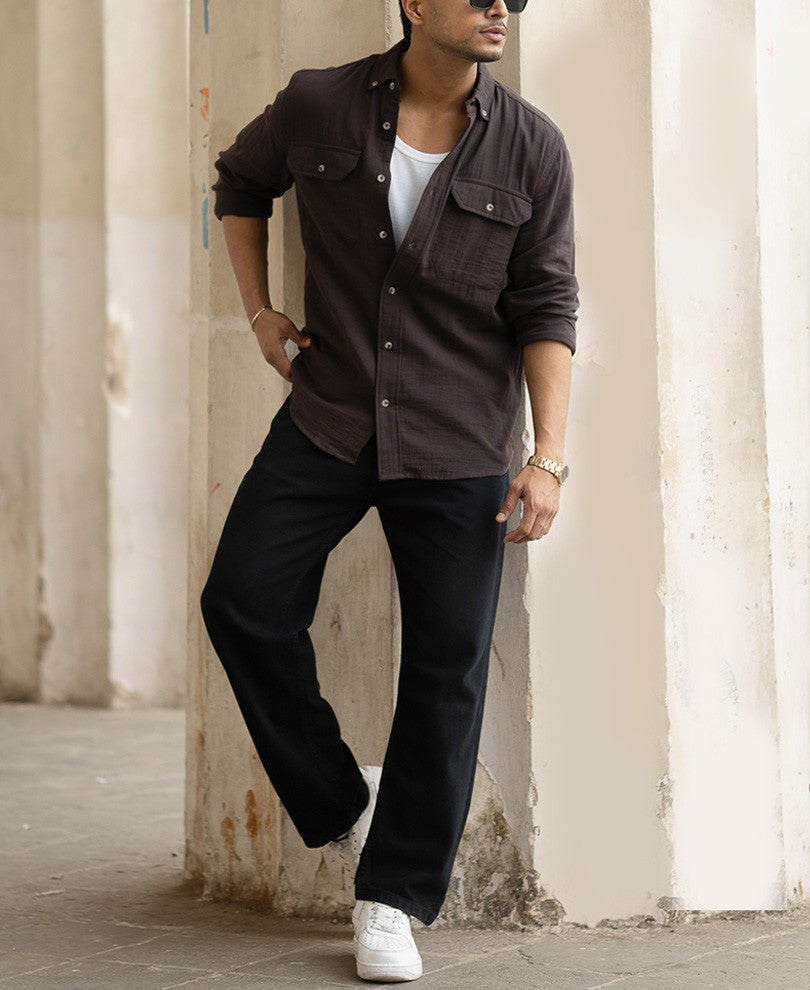 Dark Coffee Double Pocket Regular Fit Full Sleeves Shirt