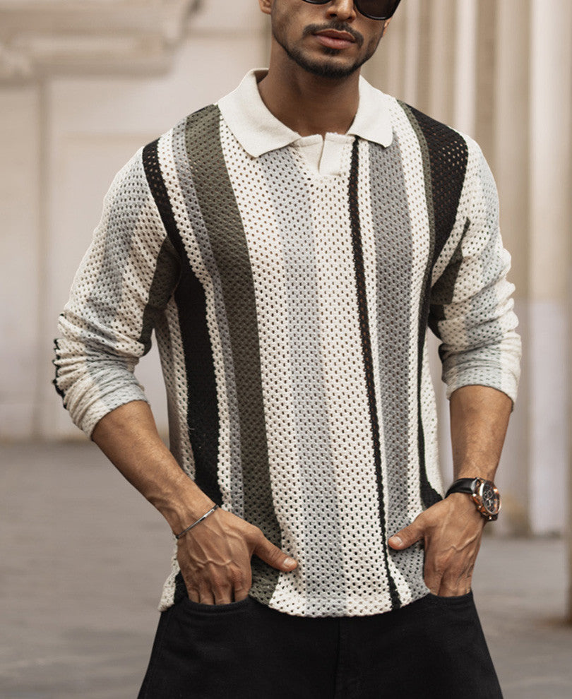 Multi Colour Structured Regular Fit Full Sleeves T-Shirt