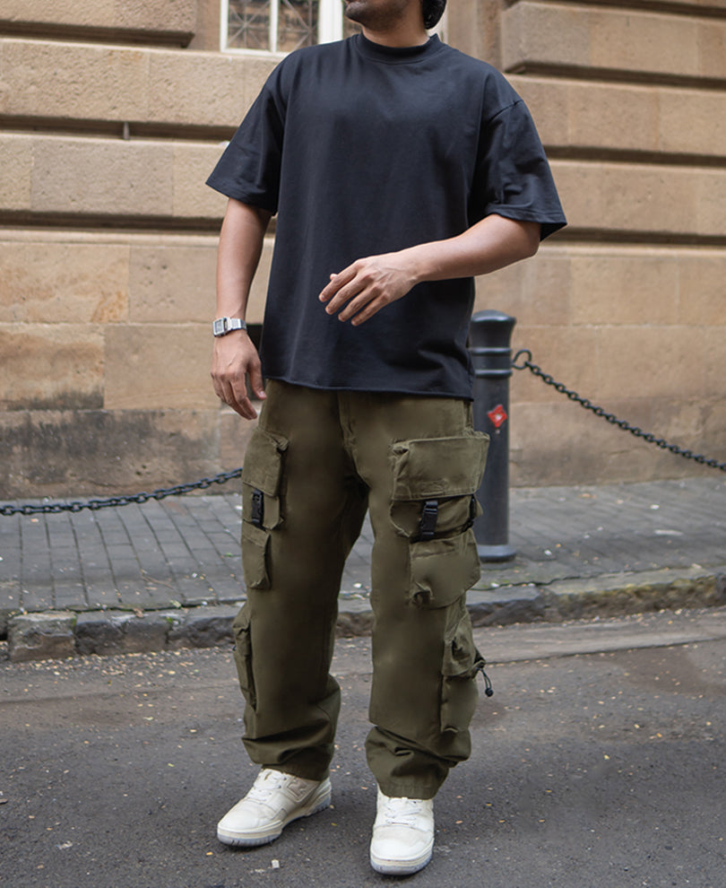 Olive Green Cotton Baggy Fit Cargo Pant