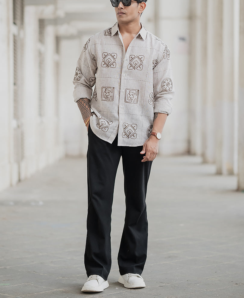 Green Embroidered Natural Shirt