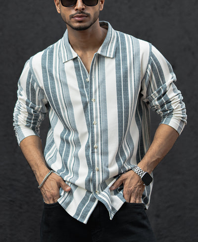 Off White And Blue Striped Regular Fit Full Sleeves Shirt