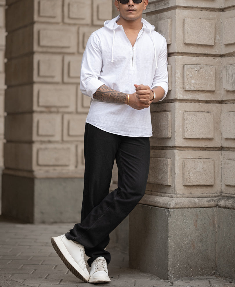 White Structured Regular Fit Hoodie Style Shirt