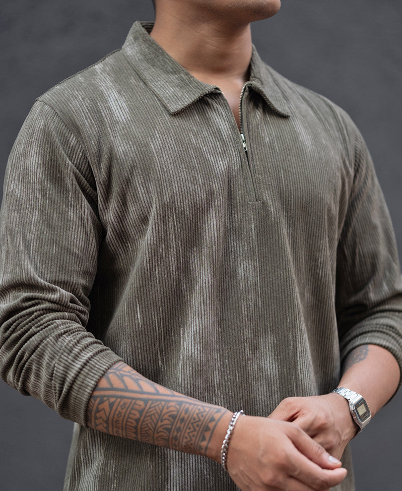 Olive Structured Full Sleeves Regular Fit T-Shirt