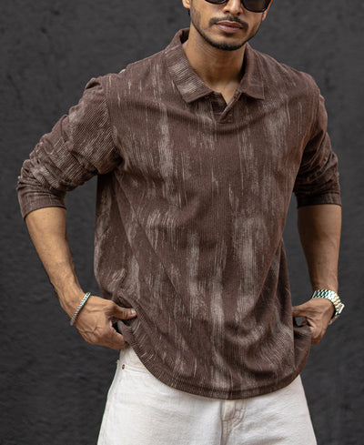 Brown Corduroy Regular Fit Full Sleeves T-Shirt