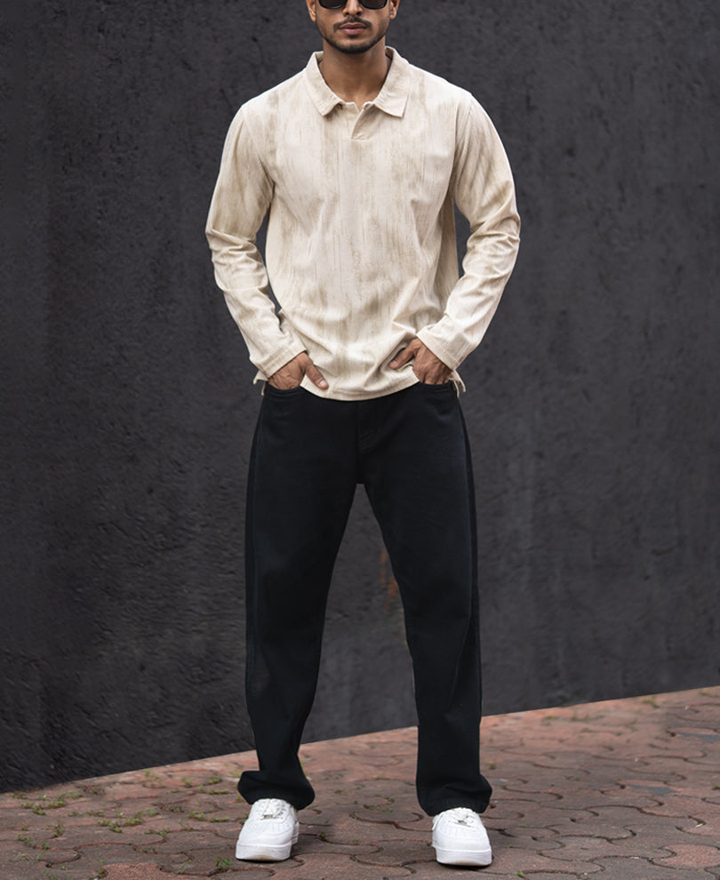 Cream Structured Regular Fit Full Sleeves T-Shirt