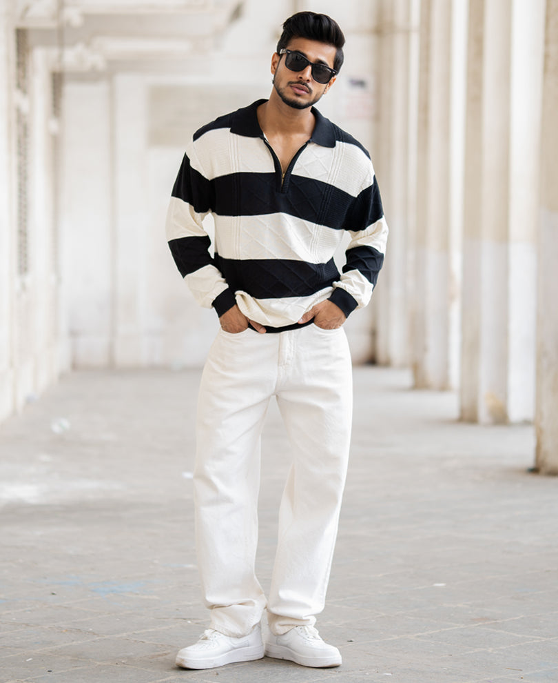 Black And Off-White Regular Fit Full Sleeves T-Shirt
