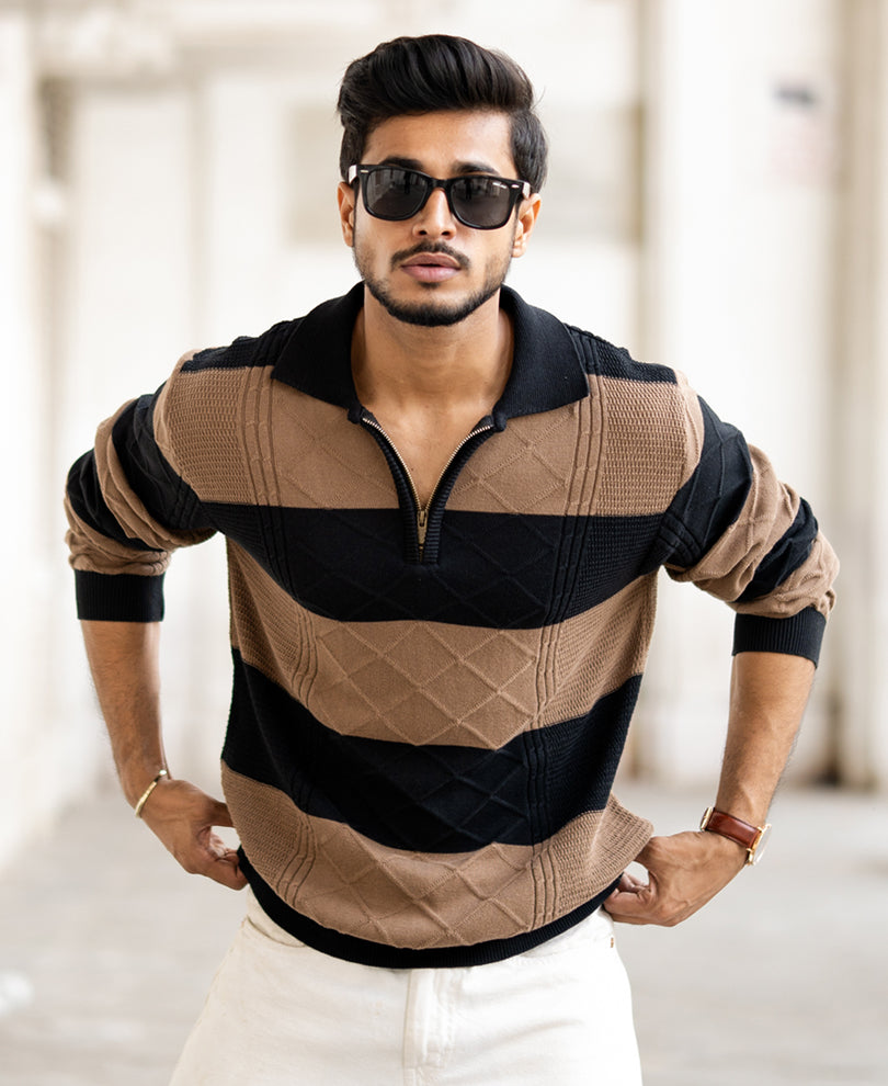 Black And Brown Regular Fit Full Sleeves T-Shirt