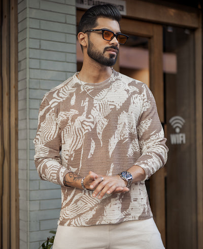 Off-White And Brown Regular Fit Printed Full Sleeves T-Shirt