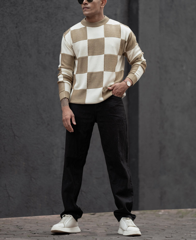 White Brown Regular Fit Full Sleeves T-Shirt