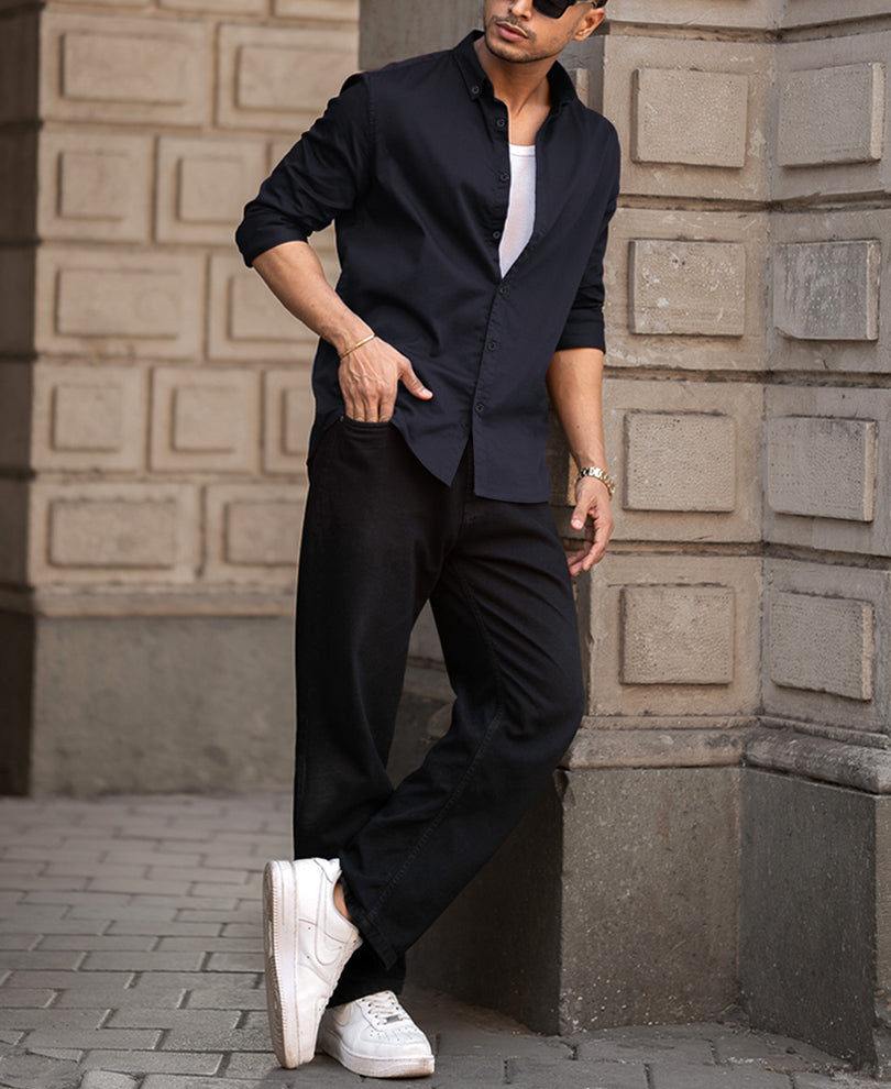 Navy Blue Plain Regular Fit Shirt