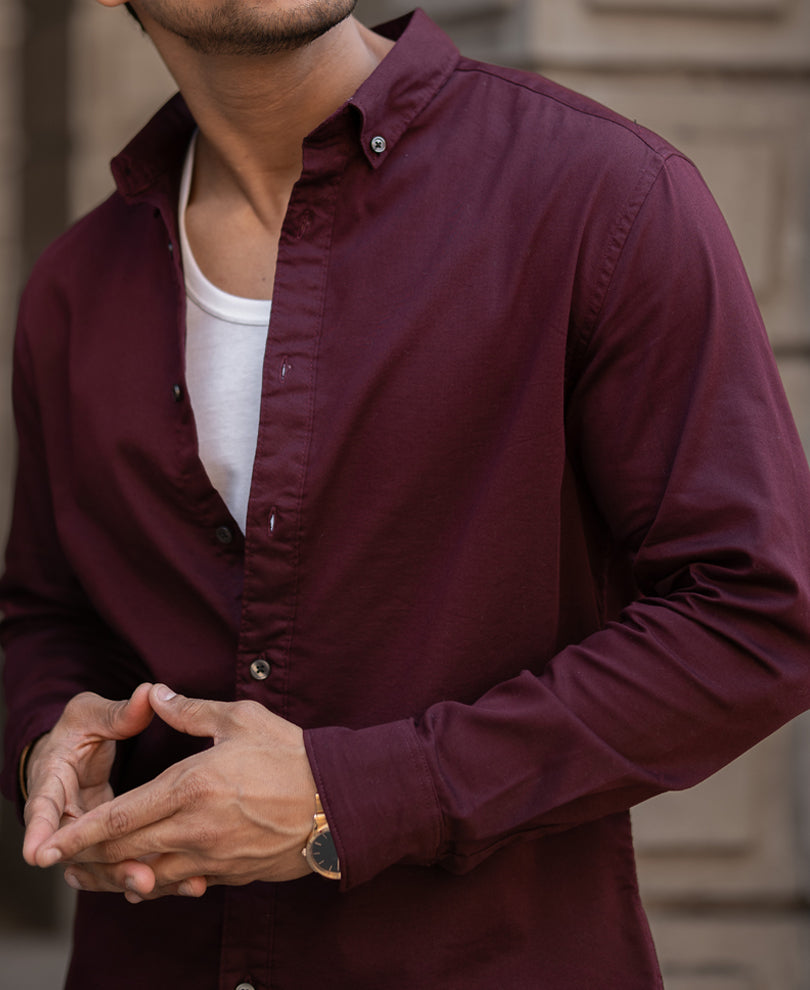 Basic Wine Regular Fit Full Sleeves Shirt