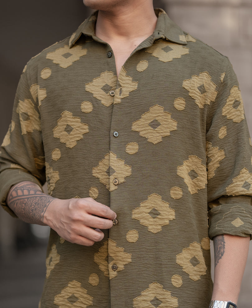 Olive Geometric Jacquard Shirt.