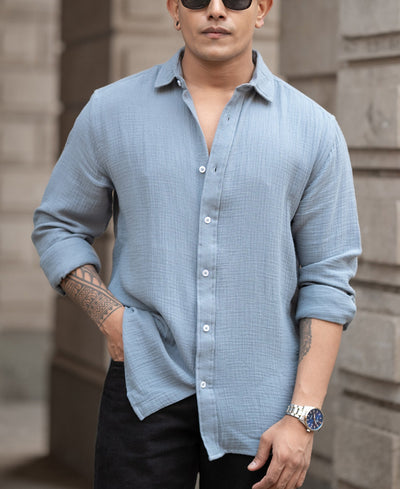 Grey Crinkled Regular Fit Full Sleeves Shirt