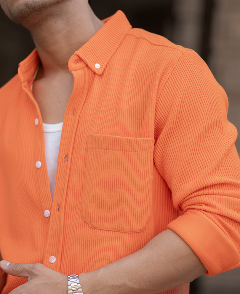 Orange Corduroy Regular Fit Full Sleeves Shirt