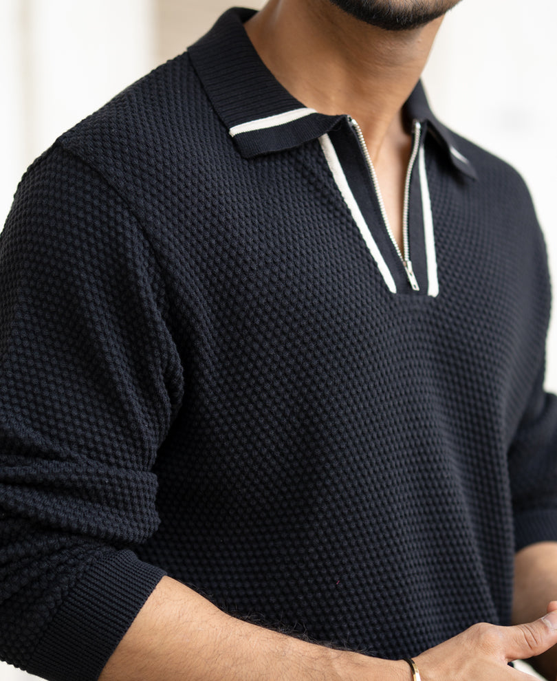 Black Structured Full Sleeves Regular Fit Collar T-Shirt