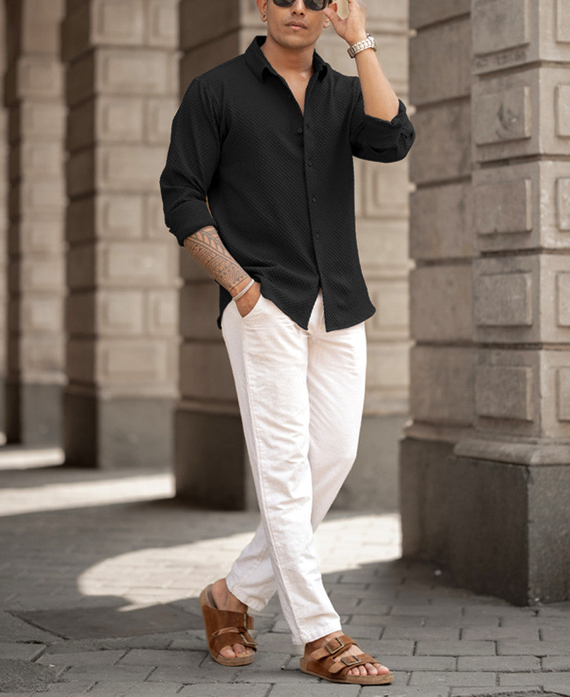 Black Waffle Structured Regular Fit Full Sleeves Shirt