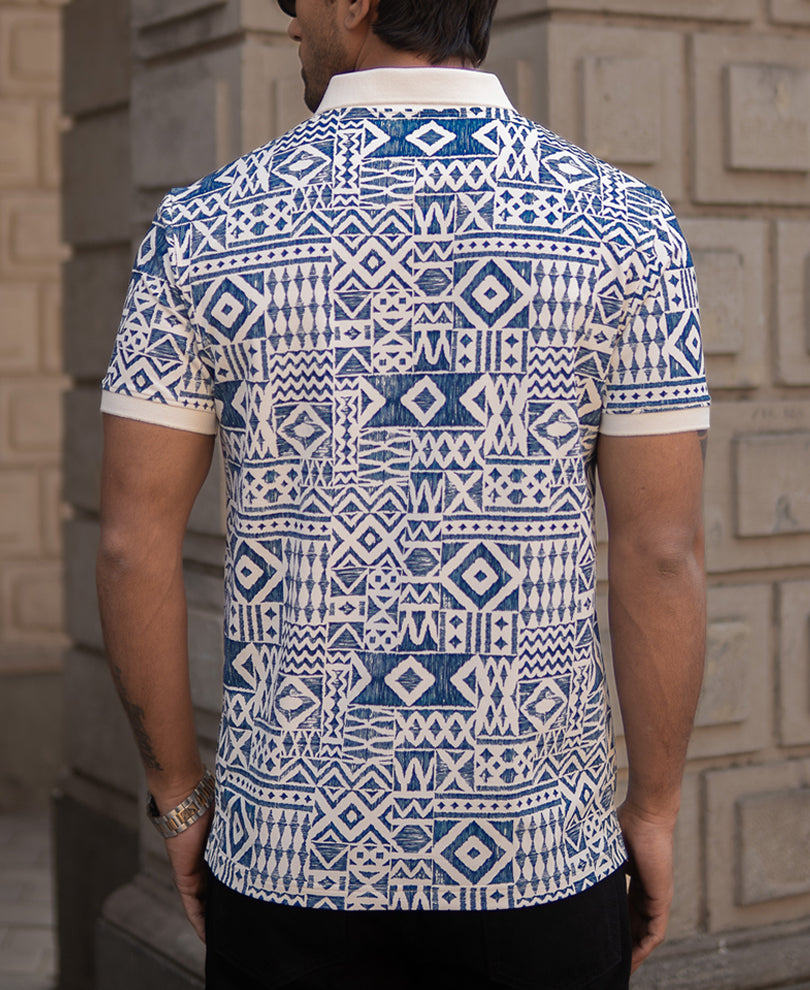Blue Geometric Print Polo T-Shirt.