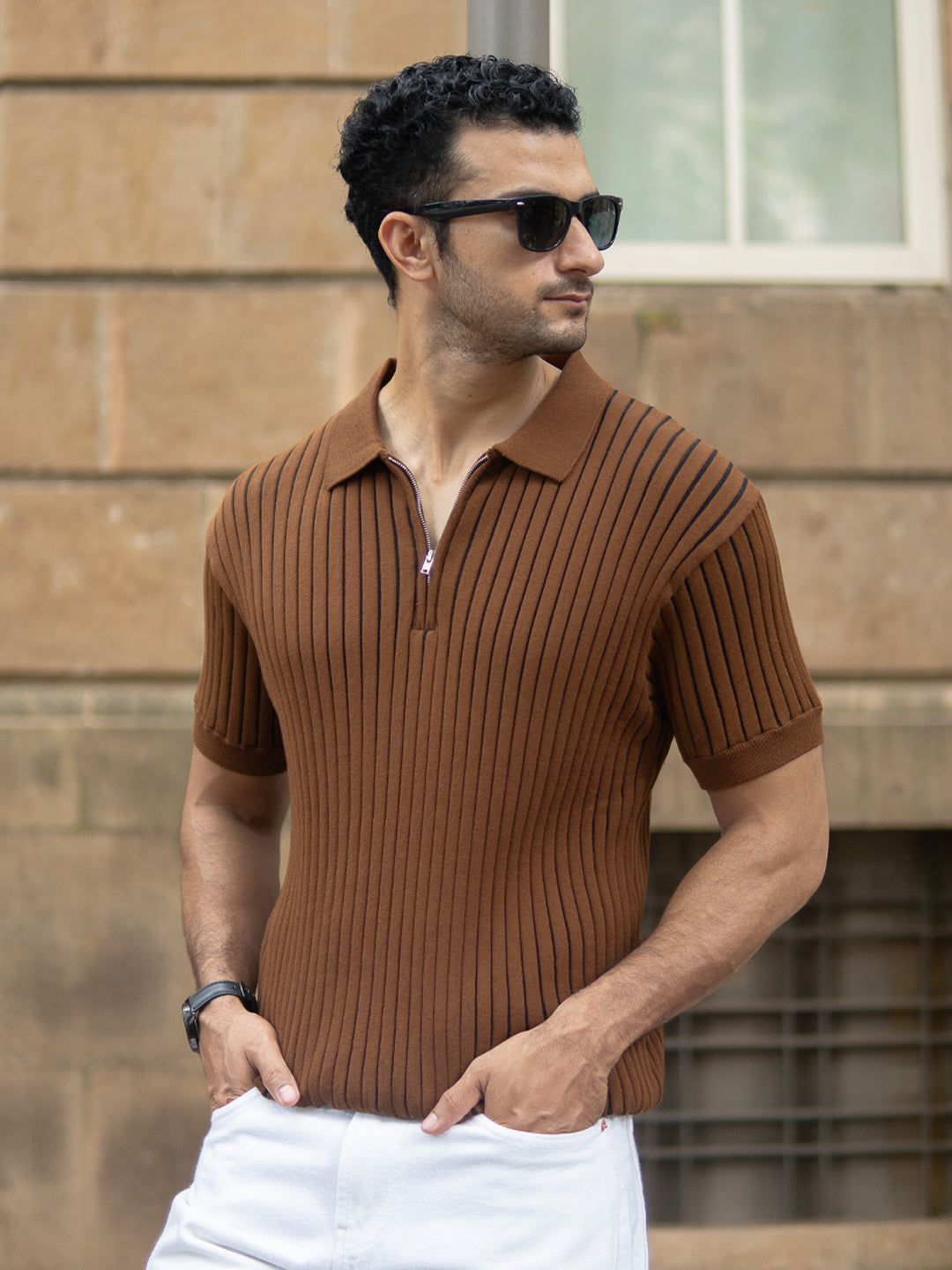 Brown Striped Knit Polo T-Shirt