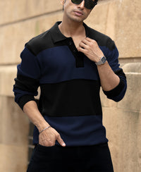 Blue Structured Knit Striped T-Shirt