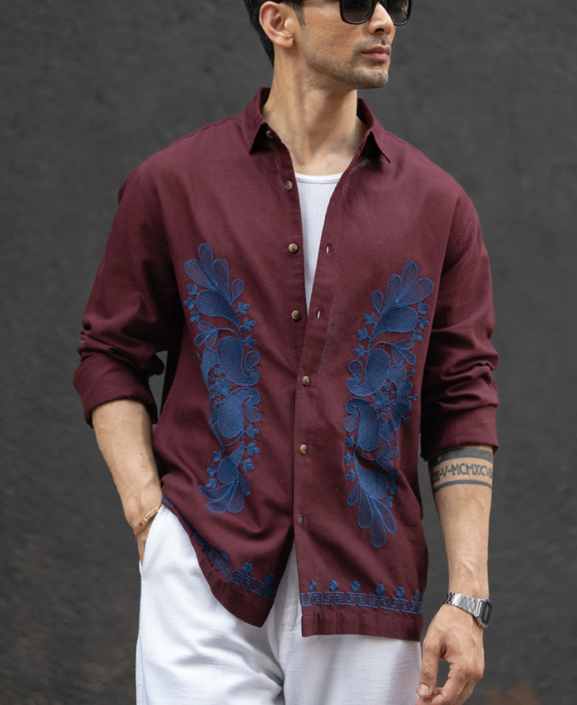 Wine Embroidered Linen Blend Shirt.