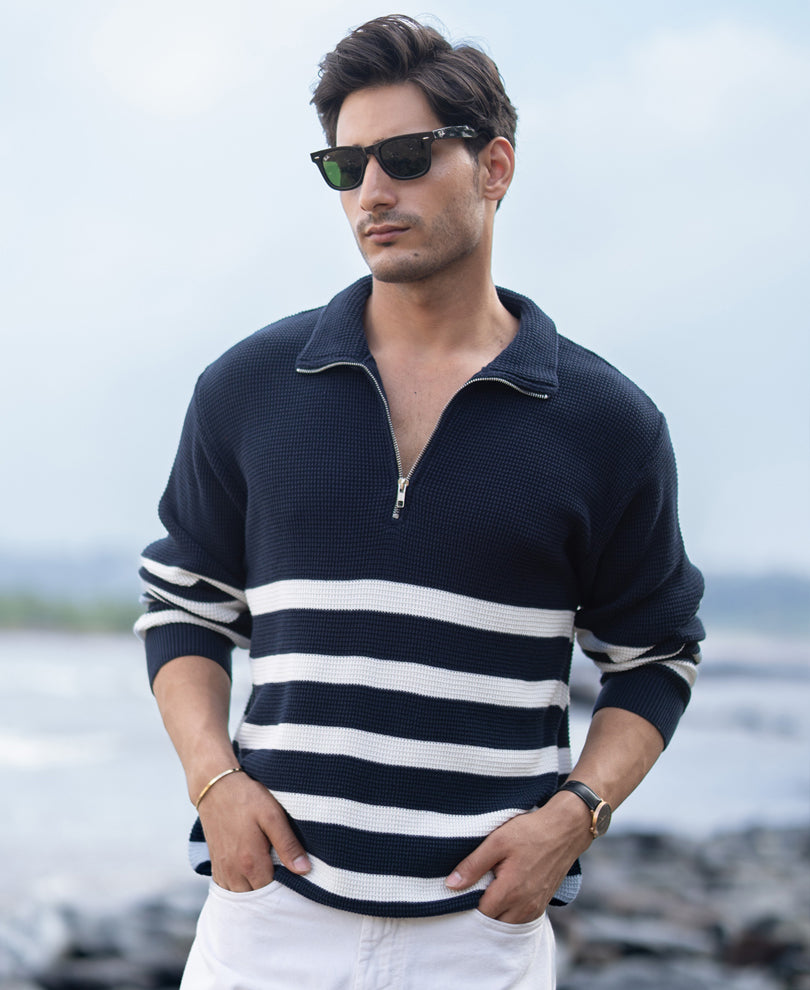 Navy Striped Zipper Neck Sweater