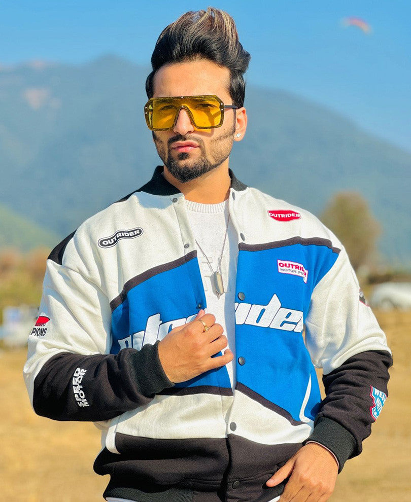 White and Blue Outrider Oversized Varsity Jacket