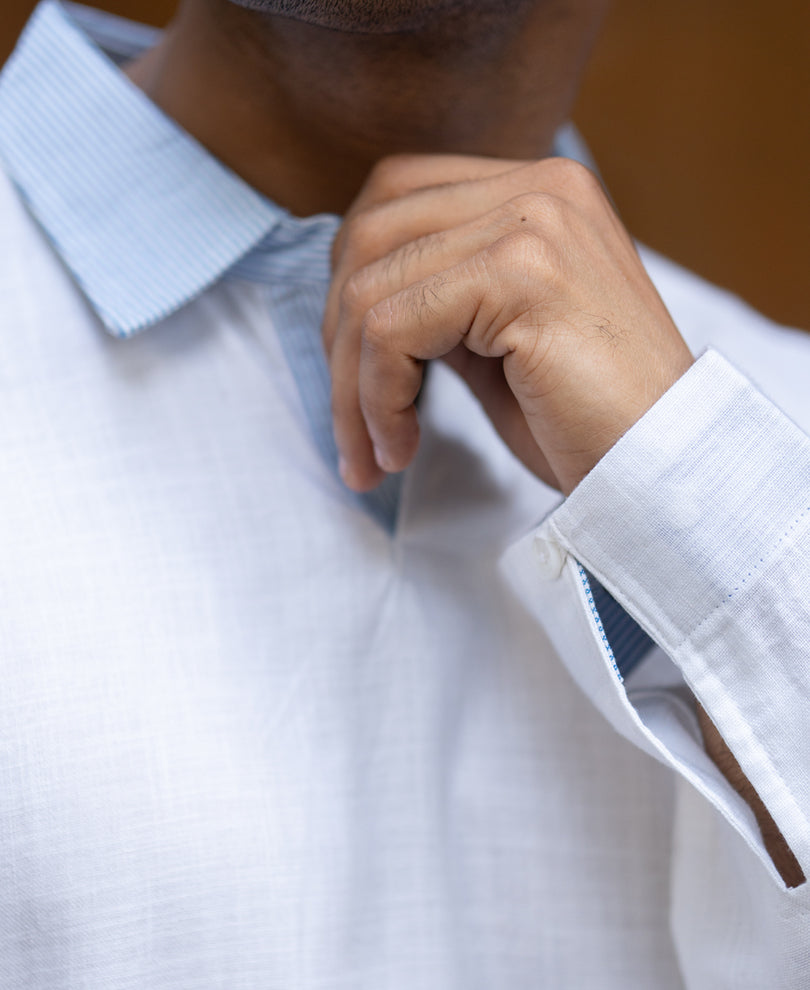 White Contrast Collar Kurta Shirt.