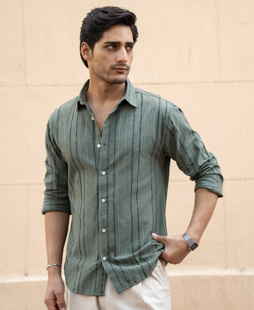 Olive Boucle Stripe Shirt.