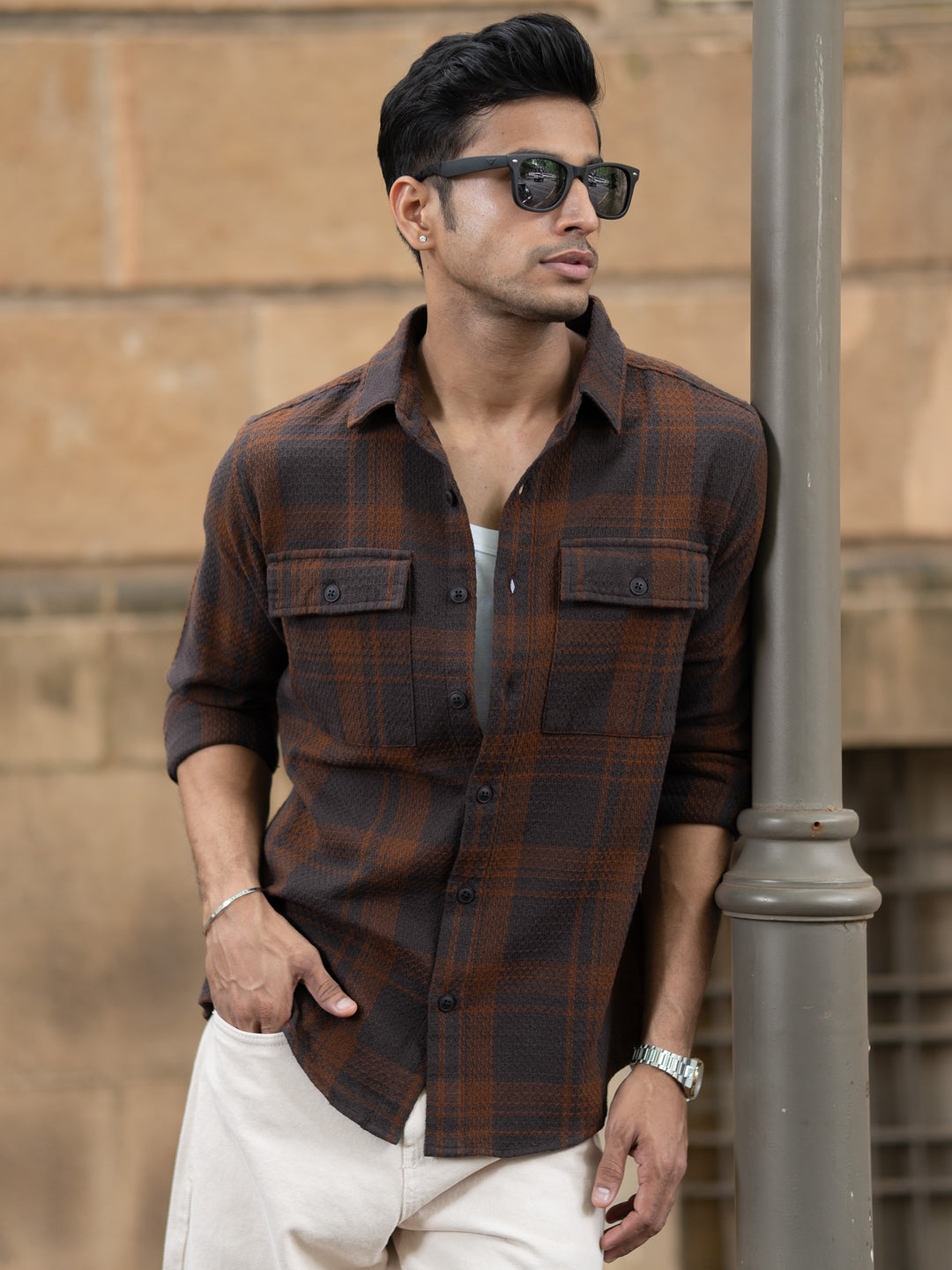 Dark Brown Structured Checks Shirt