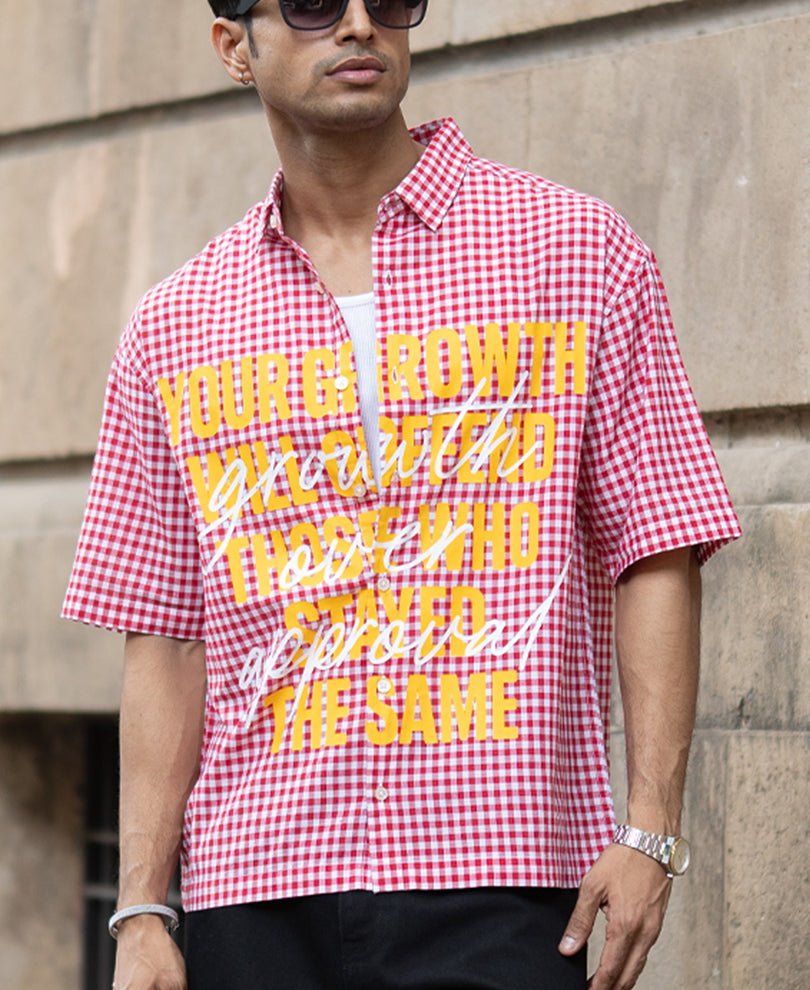 Red Micro Checks Printed Boxy Shirt.