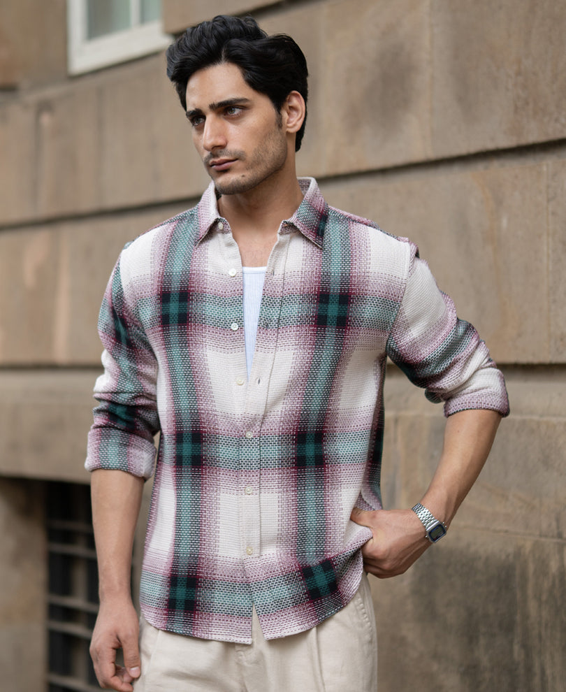 Green & Off-White Structured Checks Shirt