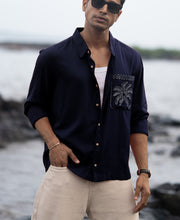 Navy Linen Blend Embroidery Shirt