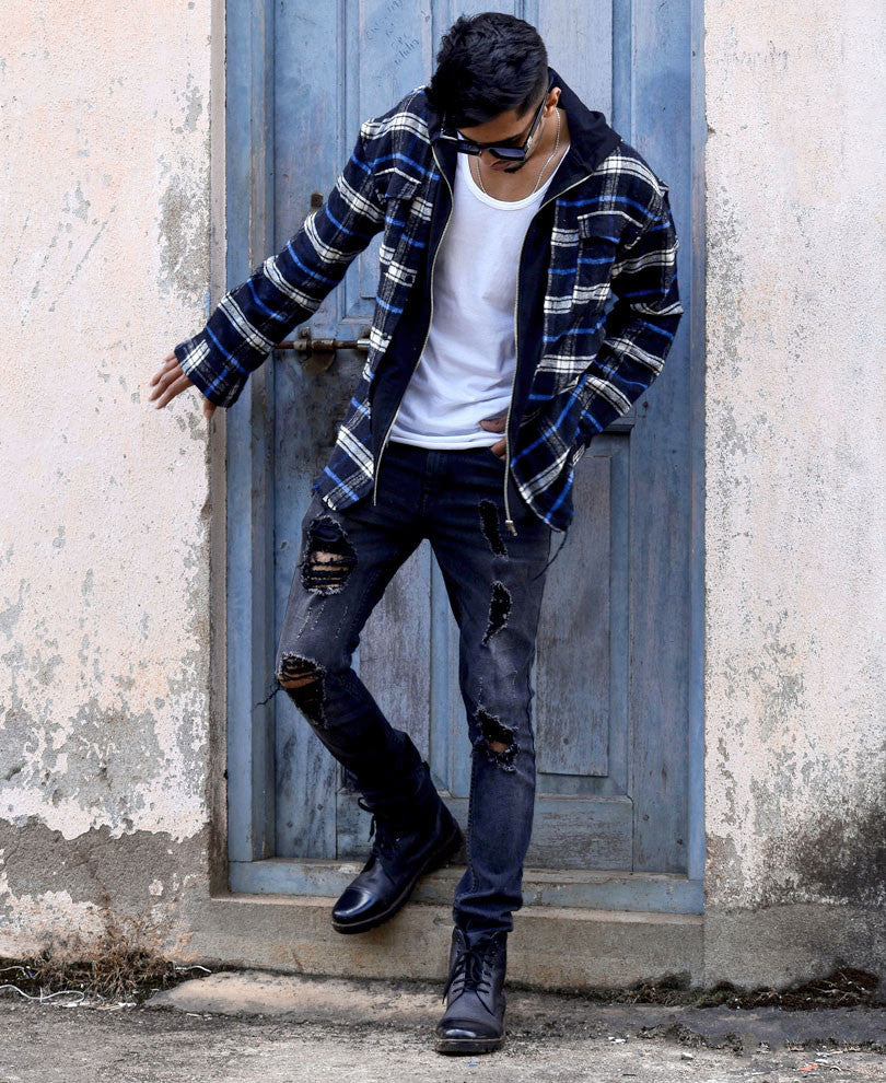 Navy Blue And White Checks Overshirt Hood Jacket With Zip