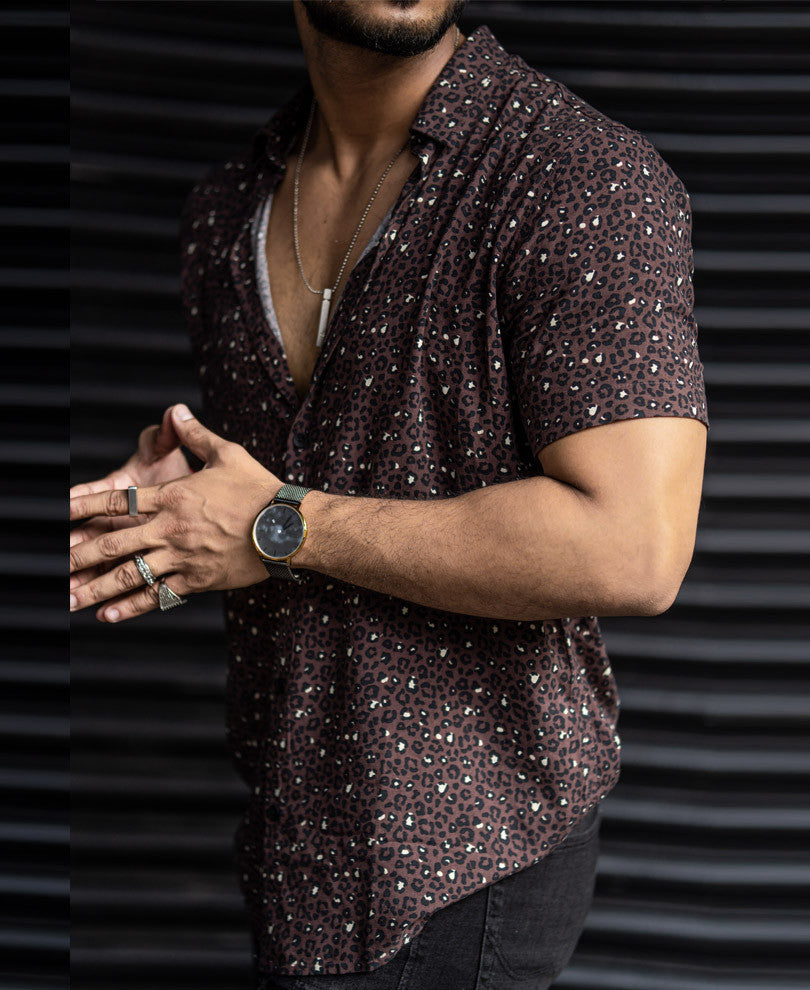 Dark Brown Leopard Print Half Sleeves Shirt